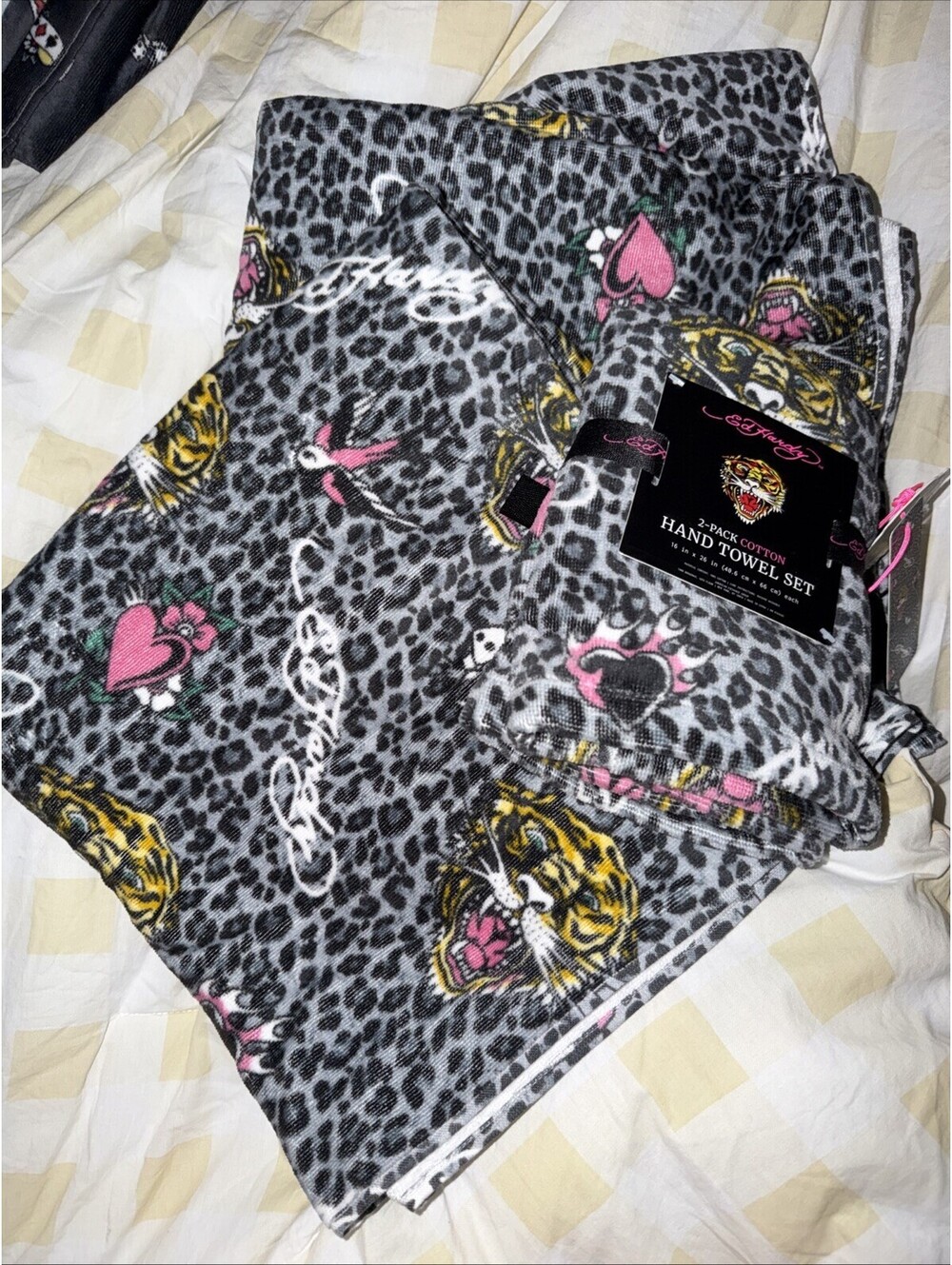 Ed Hardy Bath & Hand Towel Set Tiger Dice Heart Leopard Print NWT
